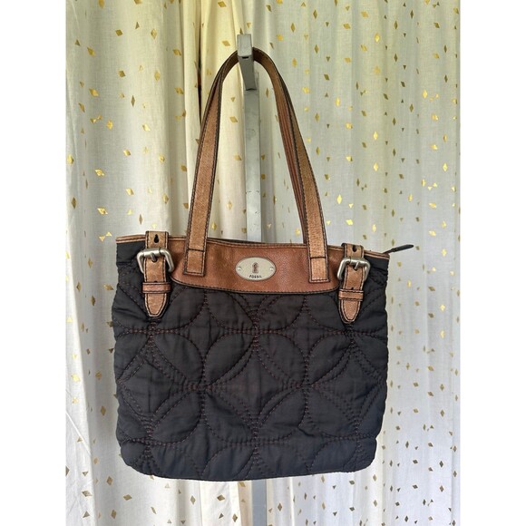 Fossil Key-Per Quilted Floral Fabric Cow Hide Leather Trim Shoulder Bag Tote - Picture 2 of 8